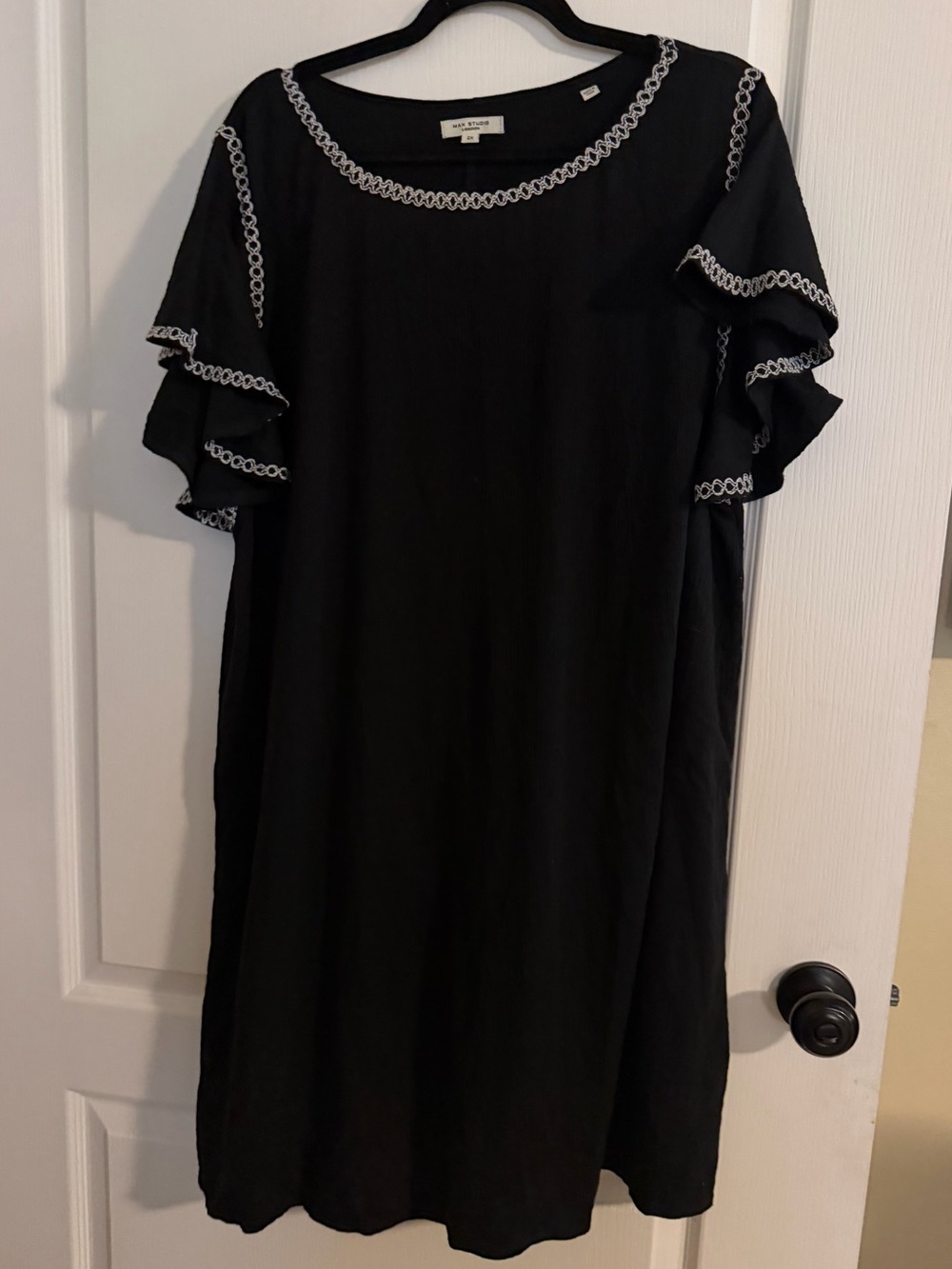 Max Studio Gauze Shift Dress w/ Ruffle Sleeves, Embroidered Trim Size 2x